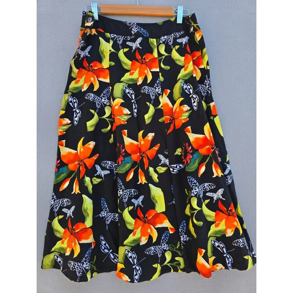 Soft Surroundings Black and Orange Floral Butterfly Skirt Medium